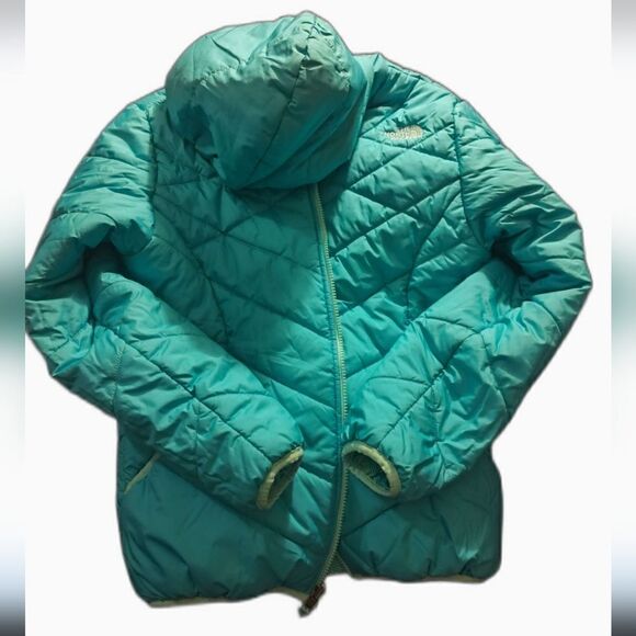 The North Face reversible puffer coat(all turquoise has dark stain bottom discol - Picture 5 of 10